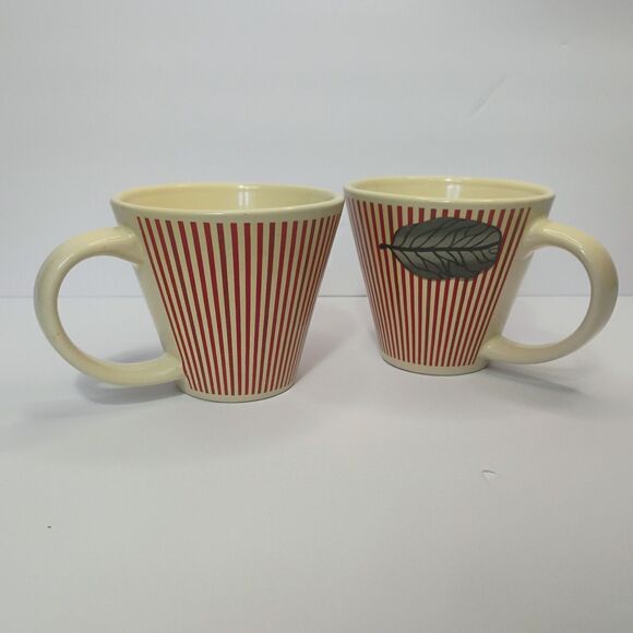 Vtg Retro Coffee Mugs Red Stripes Cream W Gray Leaf Set Of 2 Cups Design Studios - Picture 11 of 11